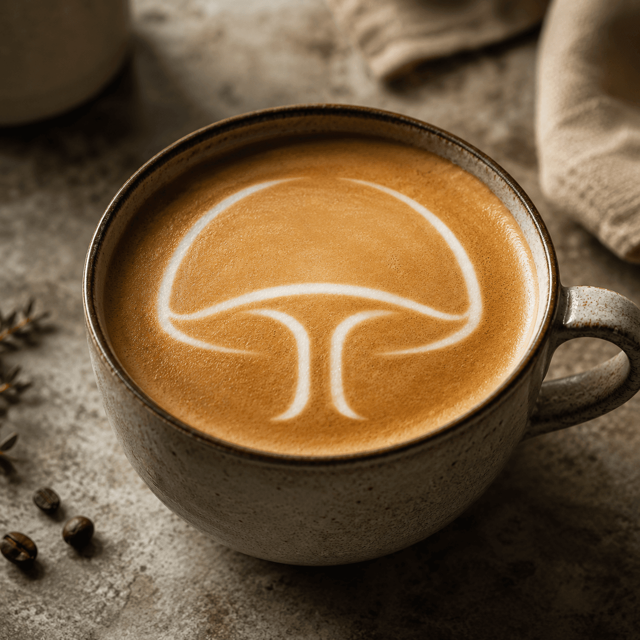 Lion's Mane latte — warm tones, ceramic mug