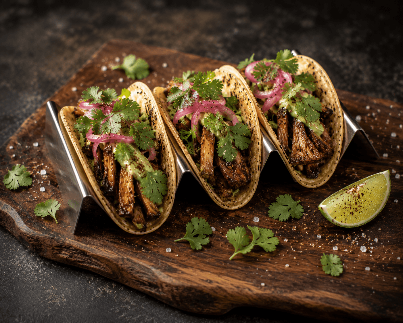 Lion's Mane tacos — charred tortillas, garnished