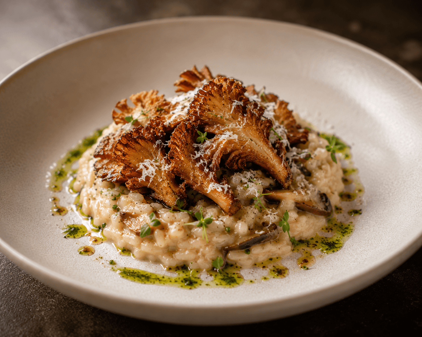 Lion's Mane risotto — overhead, creamy texture
